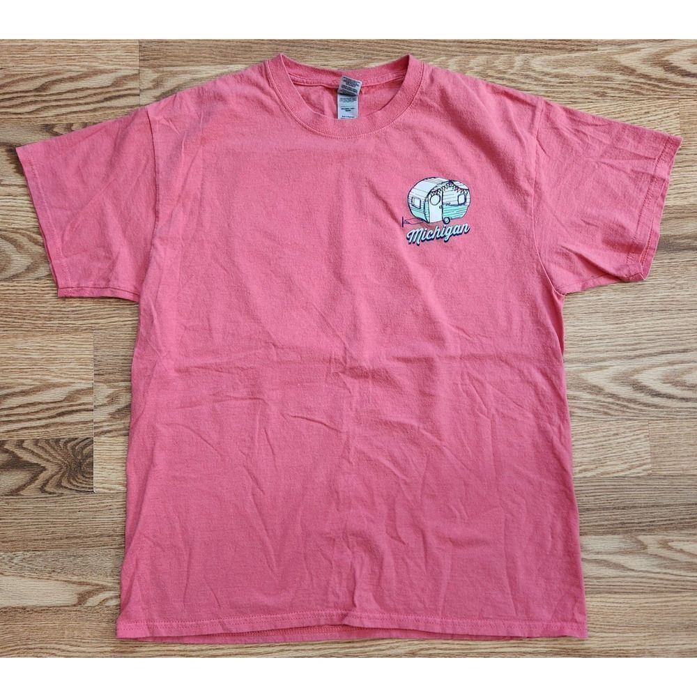 Michigan "Happy Camper" T-Shirt Top Women's Size Large Salmon Pink Tee Pullover